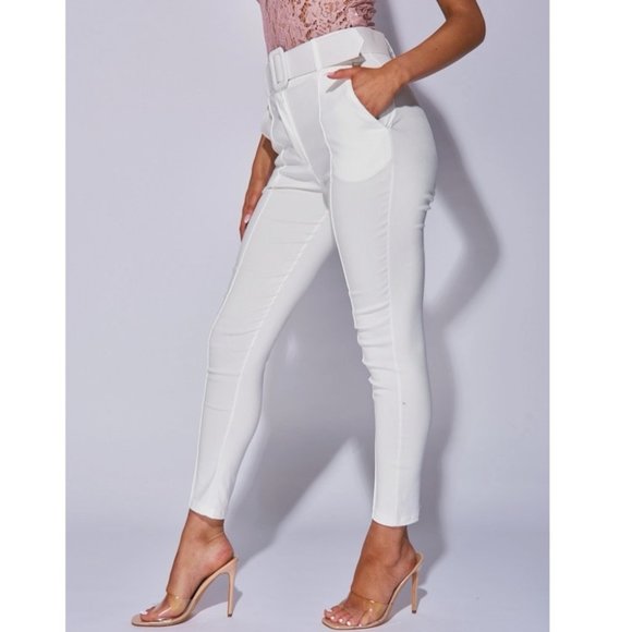 White High Waist Buckle Belt Tapered Cropped Straight Leg Ankle Pants - Picture 3 of 14
